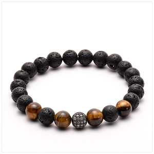 Detail of 8mm lava rock beads with tiger eye stones and a silver zircon pavé bead