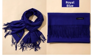 Detailed close-up of Royal Blue cashmere scarf showing fine texture and long tassels