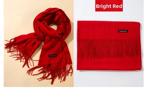 Macro shot of thick red faux cashmere scarf with fringes and cashmere textile label