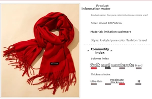 Detail of red faux cashmere scarf with tassels, 200x60cm soft thick winter pashmina