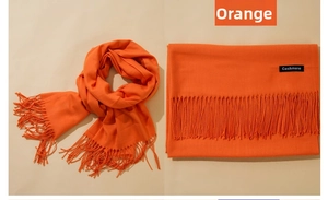 Detail of orange cashmere scarf showing soft texture and fine tassel trim for winter