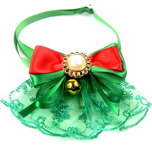 Christmas pet bowtie collar with red and green satin lace for cats and small dogs