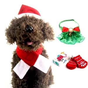 Christmas Pet Costume Hat Scarf Socks Bow Tie Festive Red White Knit Cotton Velvet Small Dog And Cat Outfit