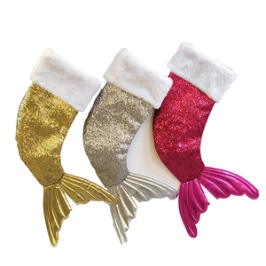 Set of 3 mermaid tail Christmas stockings with gold silver and pink sequins and plush trim