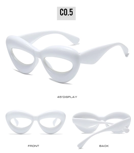 Three-view layout of white oversized butterfly frame glasses with thick chunky design