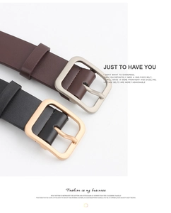 Close-up of brown leather belt with silver square buckle and black belt with gold buckle