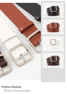 Detailed view of four vintage square buckle leather belts in black brown and white colors