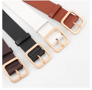 Parallel display of PU leather belts in brown white black and coffee with gold buckles
