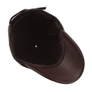 Winter dark brown leather baseball cap with warm lining and detailed stitch curved brim