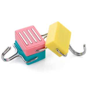 Colorful magnetic square hooks in pink, cyan and yellow with stainless steel J-hooks