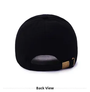 Back view of black cotton baseball cap showing metal adjustable buckle and stitching