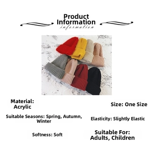 Detail view of colorful knitted beanie caps showing acrylic texture and soft elastic fit