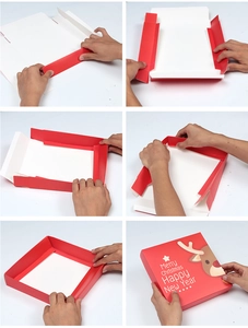 Step-by-step assembly guide for a red Christmas gift box with reindeer patterns