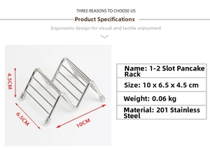 Polished stainless steel taco holder with non-slip feet and detailed size specifications
