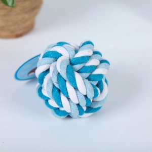 Durable blue and white cotton rope knot ball toy for pet dogs to chew and play