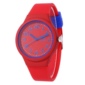 Vibrant red and blue silicone quartz watch for kids featuring a clear Arabic numeral dial