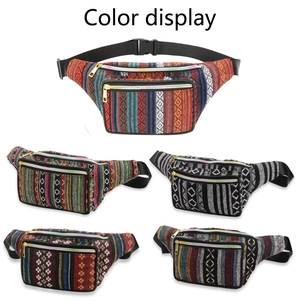 Ethnic Pattern Waist Bag Women Bohemian Woven Fabric Chest Pack Adjustable Strap Golden Zipper Retro Outdoor Fanny Pack