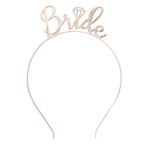 Detailed close-up of rose gold metal bridal headband with Bride text and diamond motif
