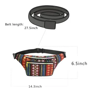 Detail showing dimensions of Bohemian fanny pack: 14.3 inches wide and 6.5 inches high