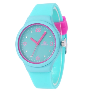 Stylish candy-colored quartz watch with blue silicone strap and pink accents for women
