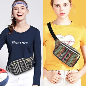 Detail of woven fanny packs with ethnic patterns and adjustable straps on models