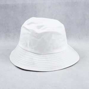 Detail view of reinforced stitching on the brim of a white cotton bucket hat