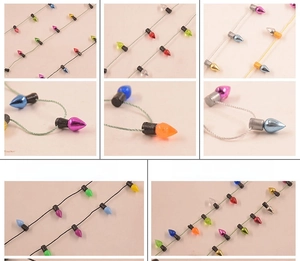 Close-up of decorative plastic bulb string in assorted plating colors and wire options