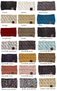 Detail view of 21 colorful knitted headbands with cable knit texture and CC leather logo