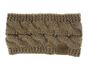 Detail of cable knit taupe headband with colorful confetti specks and leather logo patch