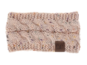 Close-up of cable knit confetti headband with brown leather logo tag in cream pink