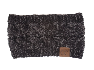 Detail of dark gray cable knit headband with brown C.C brand leather tag on white background