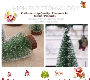 Close-up of mini flocked Christmas tree with snow-covered needles and natural wood base