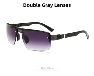 Detail of sports sunglasses with black frame and gradient gray lenses at side angle