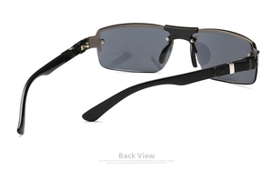 Back view of classic black sport sunglasses showing flexible hinges and gray lenses