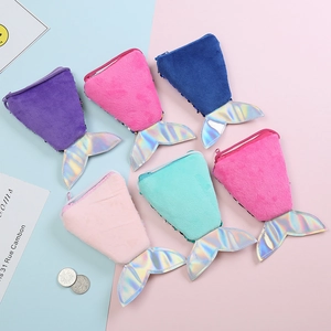 Set of six colorful mermaid tail coin purses with iridescent details and plush fabric