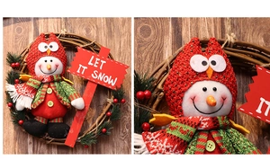 Detail of Christmas wreath with woven rattan base and soft plush snowman doll decoration