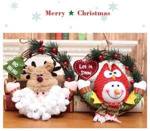 Detail of Christmas wreath with reindeer and snowman plush dolls on wooden background