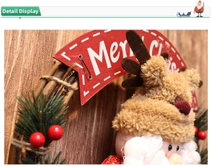 Detail of Christmas wreath with Santa plush, red berries, and Merry Christmas sign