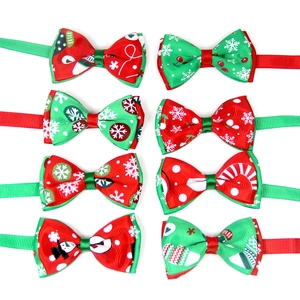 Detailed grid of 8 festive Christmas pet bow ties in red and green holiday patterns