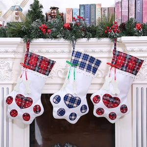Dog Paw Christmas Stocking Soft Plush Plaid Pattern With Bone Fish Charms Fireplace Tree Holiday Hanging Decor