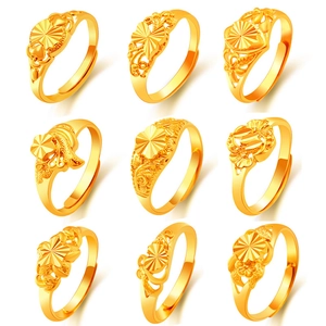 Vintage Gold Color Copper Alloy Open Rings For Women Engraved Flower Heart Patterns Adjustable Size Fashion Jewelry
