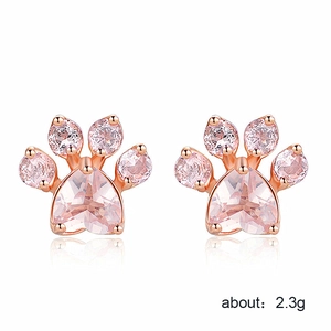 Rose gold cat paw earrings with pink crystal zircon stones and weight detail