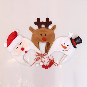 Three Christmas hats featuring Santa, Reindeer, and Snowman designs for kids and adults