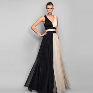 Elegant deep V-neck sleeveless maxi dress in black and beige contrast color patchwork