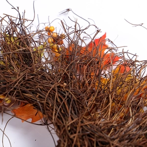 Ghirlanda autunnale con foglie di acero e bacche su base di rami per decorazione festiva