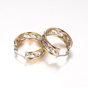 Stylish 25mm tri-color 304 stainless steel hollow woven hoop earrings for women