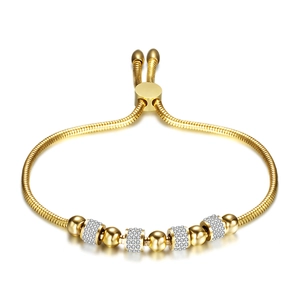 Adjustable 6mm crystal bead slider bracelet in 16K gold plated stainless steel