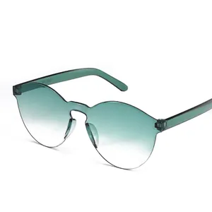 Frameless green gradient sunglasses with rounded rimless lenses and clear temples