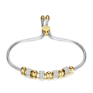 6mm crystal beaded adjustable stainless steel bracelet in gold and silver finish