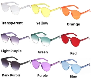 Nine colorful rimless sunglasses in a 3x3 grid showing all candy-colored lens options